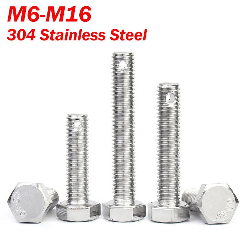 External Hex Head Perforated Bolt M6 M8 M10M M12 M14 M16 304 Stainless Steel Tail with Hole Outer Hexagonal Screw L:20-100mm