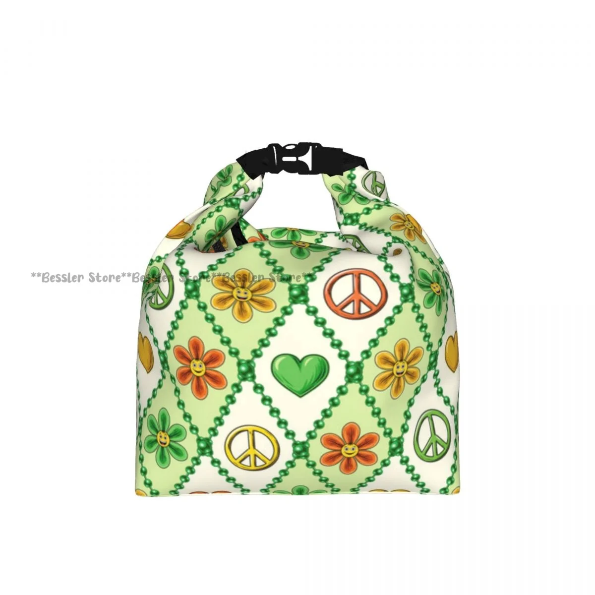 Roll-Top Insulated Lunch Bag Chamomile Flower Heart Peace Sign Thermal Bento Box Bag Portable Cooler Bag for Picnic