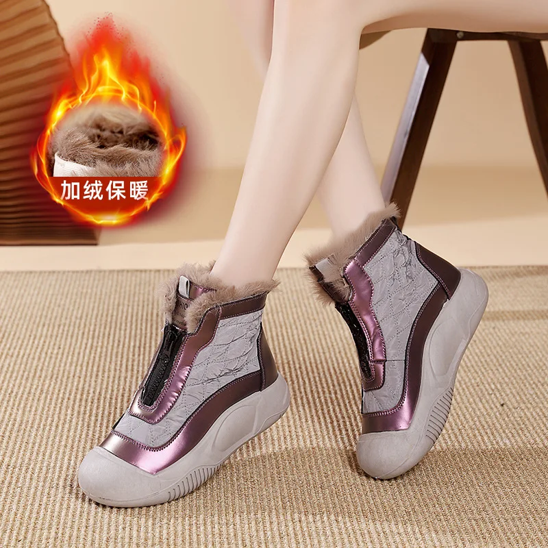 Zapatos altos con forro polar de invierno para mujer, nuevas botas cortas más vendidas para mujer, botas de cuero para mujer, zapatos cálidos de algodón para mujer