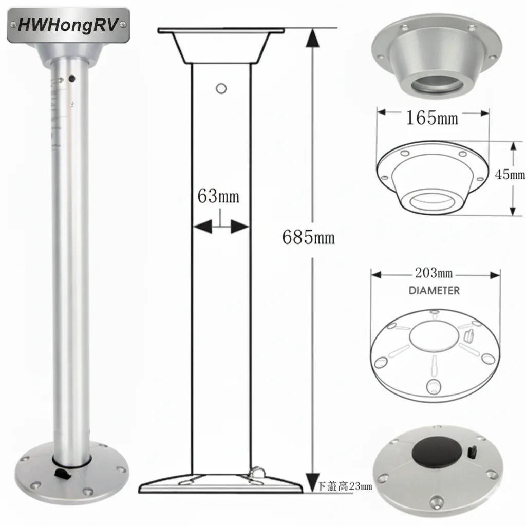 63cm Fixed Height Aluminum Table Leg for RV Boat Yacht Quick Release 360° Swivel Marine Pedestal Rustproof