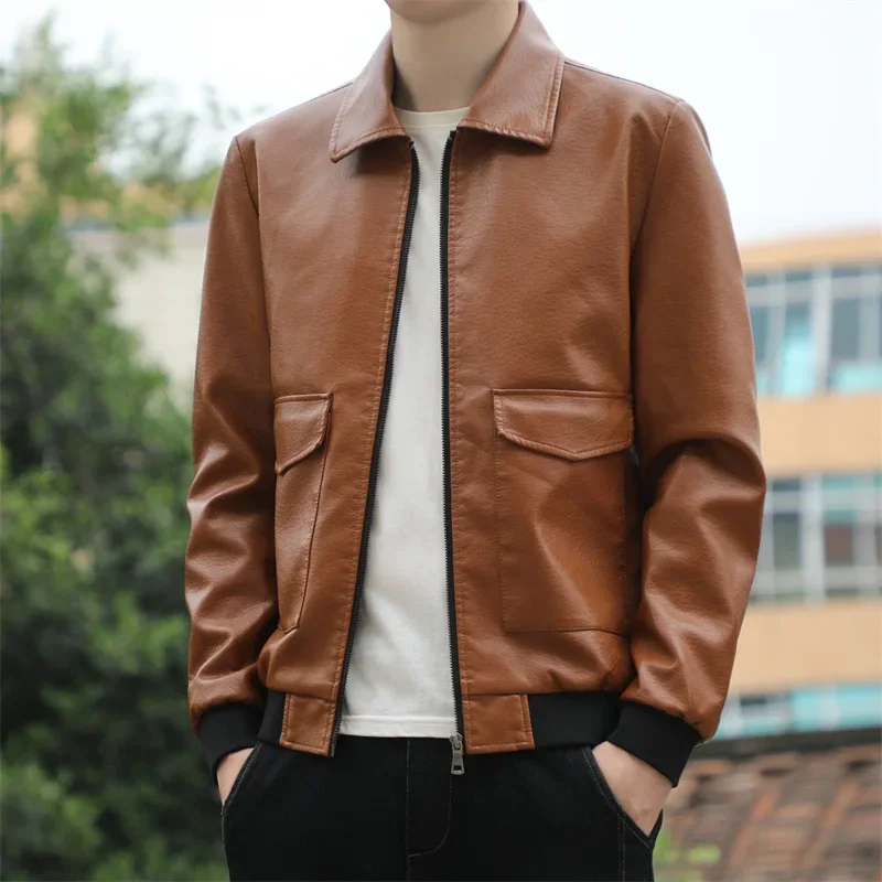 New S-4XL Fashion Comfortable and Casual Korean Trend Handsome Young Man Washing Locomotive Lapel Business Slim Leather Jacket