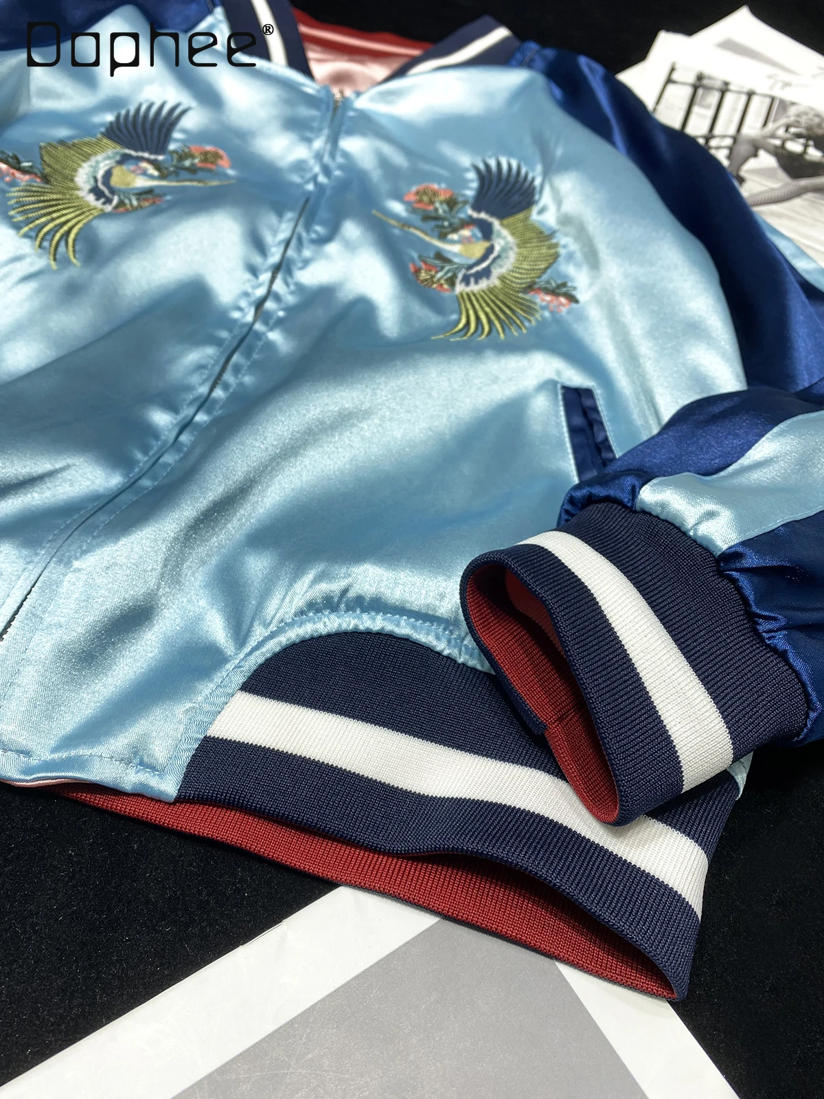 Korea Chic Heavy Embroidery Satin Baseball Jacket Reversible Imitation Satin Glossy Patchwork Loose Casual Jackets for Women