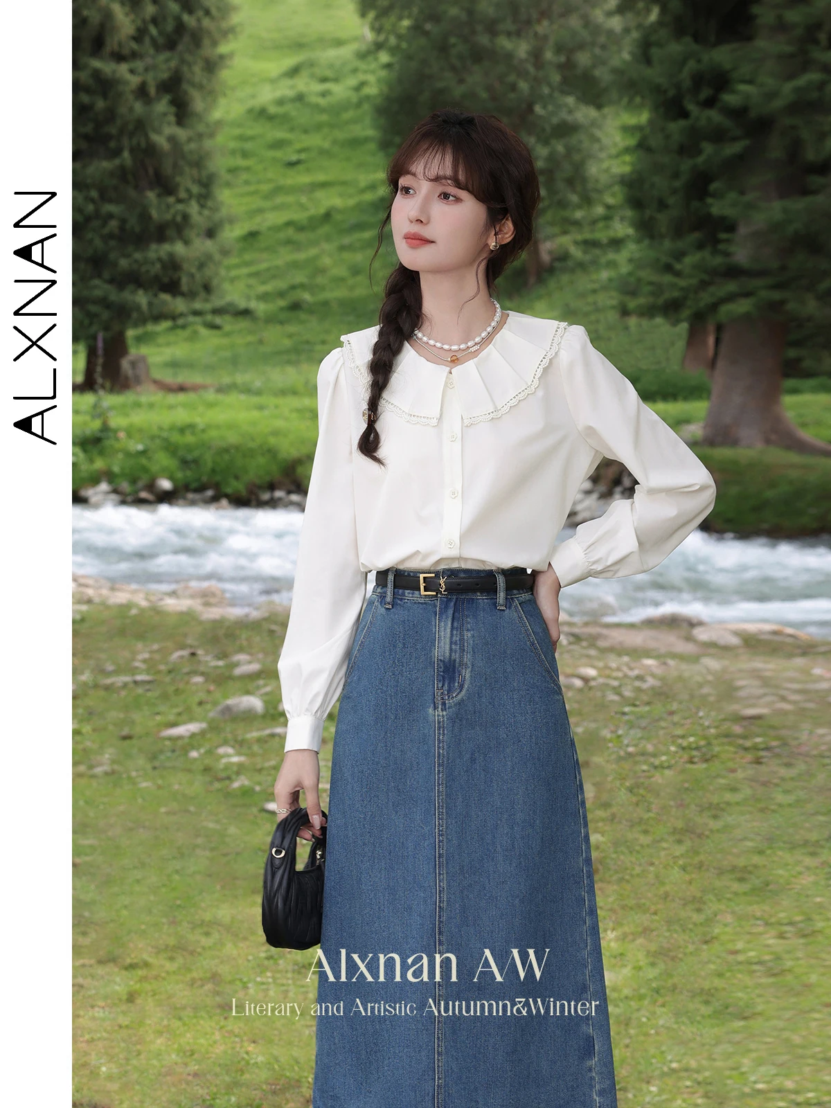 

ALXNAN Women Denim Skirt Deep Blue Vintage Mid-calf Skirt for Women 2024 Autumn New Fashion Commuter Skirt Female L39535