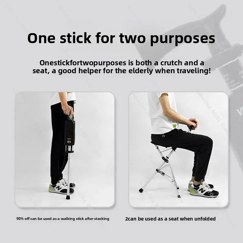 Foldable Elderly Crutch Chair, Multifunction Walking Stick with Stool Seat