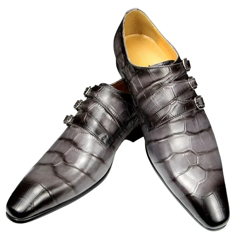 Fashion Business Men's Grey Crocodile Print Leather Shoes High Grade Genuine Pointed Toe Loafers for Wedding Party Office