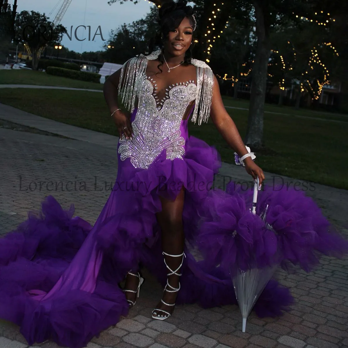 Luxury Beaded Mermaid Prom Dress For Black Girl Crystal Tassel Front Split Ruffles Backless Evening Dresses Birthday Party Gowns