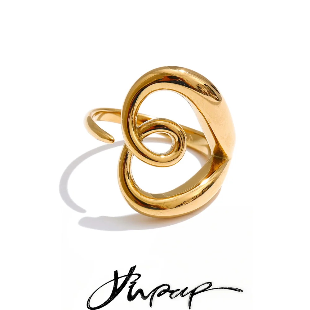Yhpup Minimalist Stainless Steel Metal Heart Love Hollow Adjustable Ring 16K Platinum PVD Plated Attractive Popular Jewelry Gift