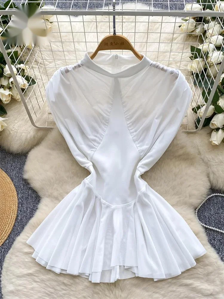 

American Chic Mesh Splice Tops Women O Neck SLeeveless Zipper Elastic Waist Blouse Beachwear Solid Ruffles Tank Top