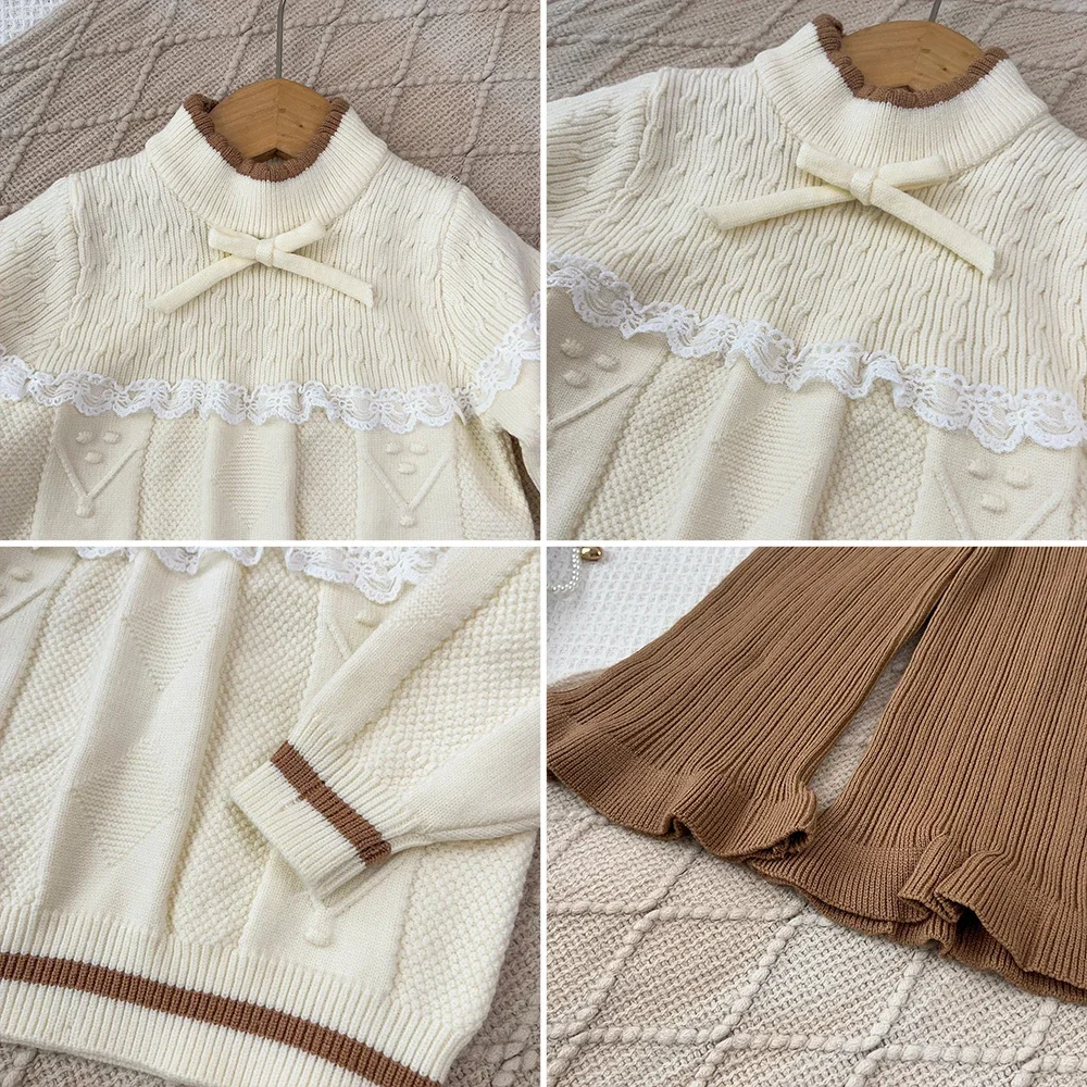Süßes Rosa Mädchen-Strickoutfit, 2-teilig, Spitze, Schleife, Langarm-Pullover, Schlaghose, Koreanisches Herbst- und Winter-Kinderbekleidungsset 2-6 Jahre – Detail 8