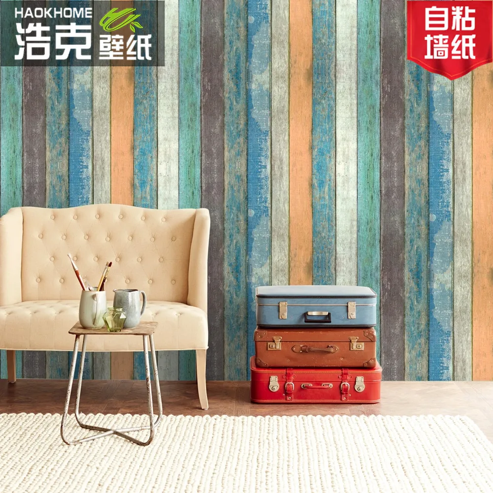 Mediterranean Vertical Stripe Self Adhesive Wood Grain Wallpaper Retro Nostalgic Plank Living Room College Dorm Background Wall