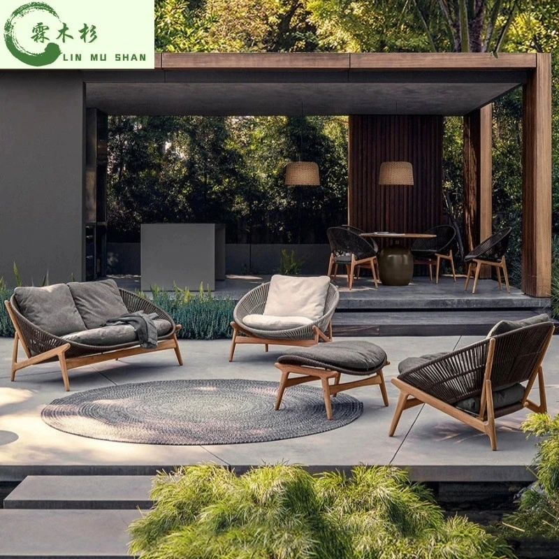 Nordic outdoor leisure teak sofa terrace coffee table set leisure courtyard single-person lazy chair furniture
