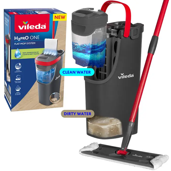 Vileda Mopa H2PRO Flat Mop | Limpieza avanzada con separación de agua limpia y sucia | Tecnología que ahorra agua y microfibra eficiente para suelos impecables | Diseño ergonómico para uso sin esfuerzo y almacenamiento compacto | Ideal para todo hogar