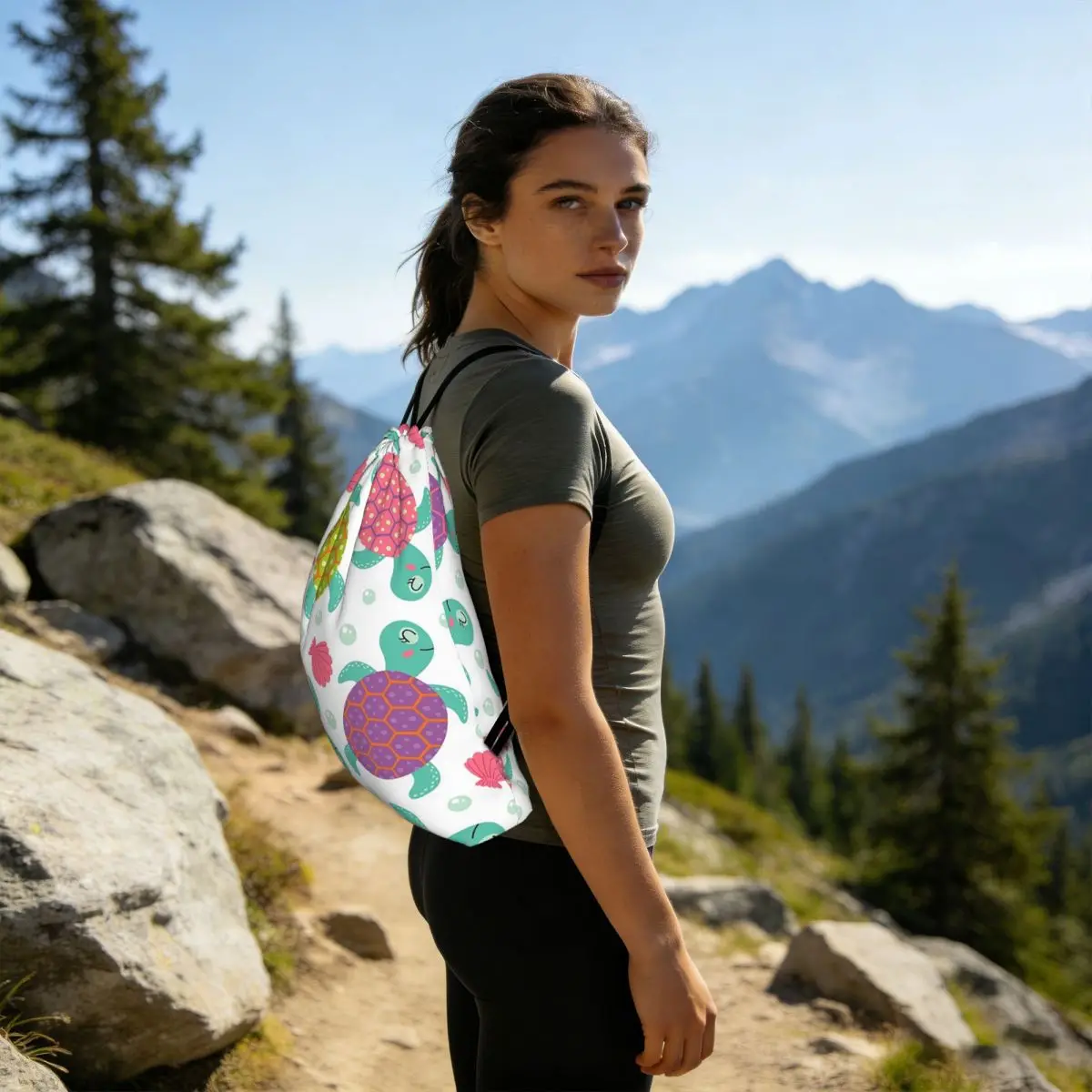 Adorable Cartoon Turtle Colorful Backpacks Casual Drawstring Bundle Pocket Shoes Bag Book Bags for Man Woman Students