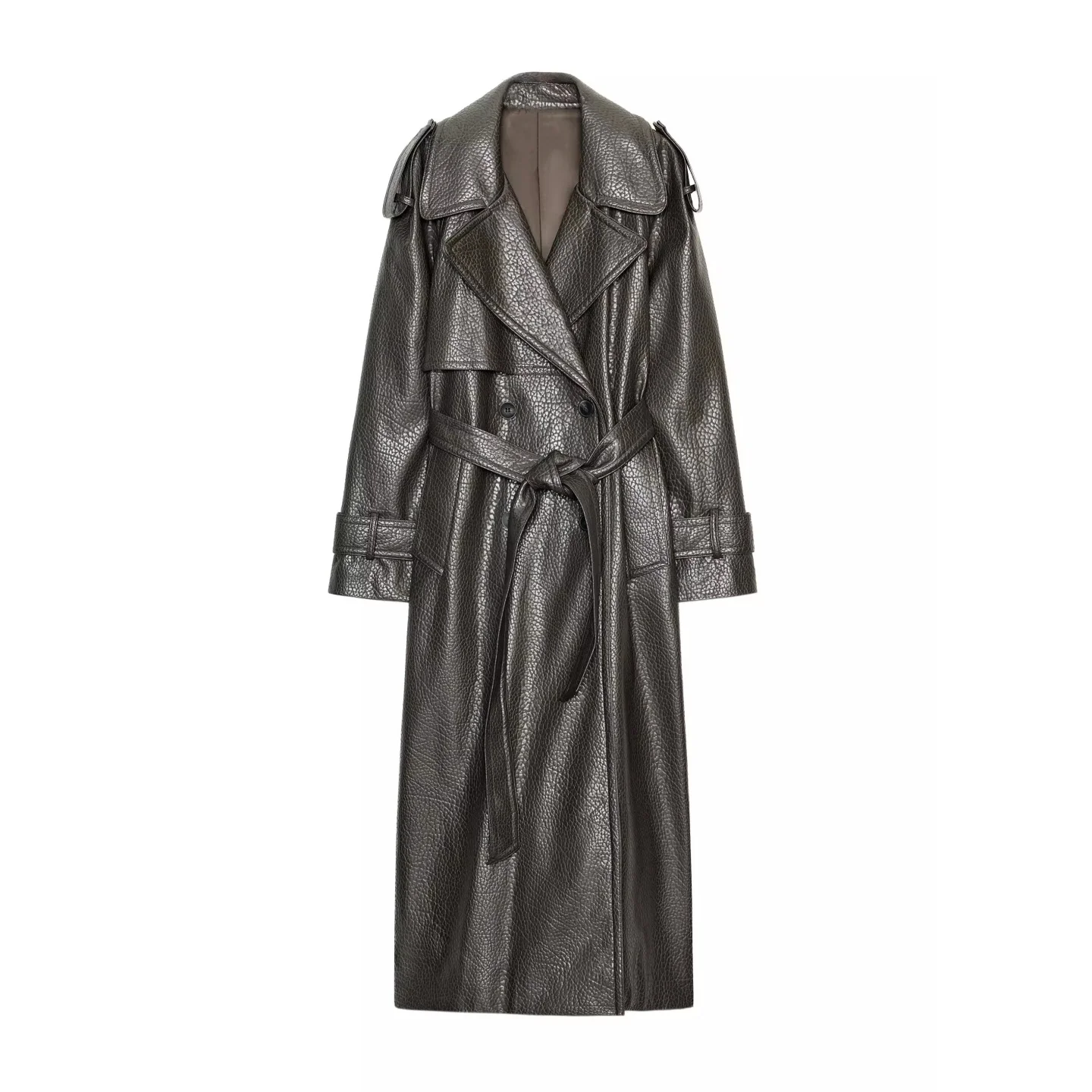 

Winter Women's Long Sve Turn-down Collar Double-breasted Faux Leather Effect Coat Split Mid-length Windbreaker Commute Sle