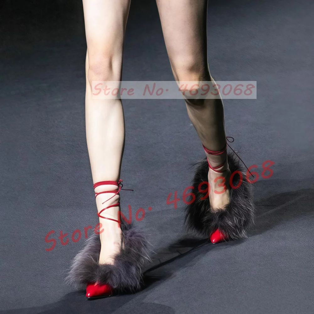 Red Point Toe Wedges Sandals With Fur Wrap Women Party Sexy Corss Toed Furry Shoes Ladies Summer Lace Up Novelty Heeled Sandals