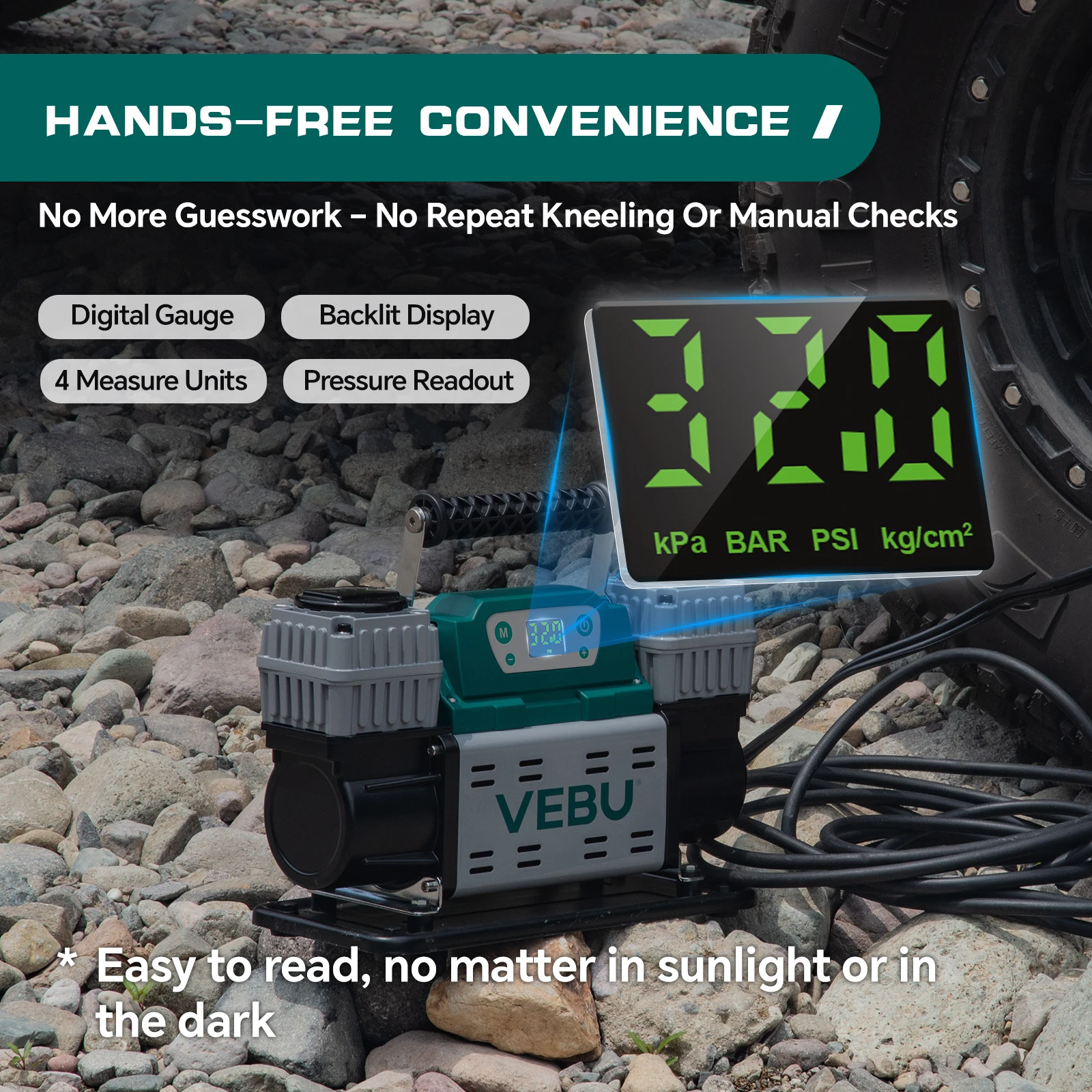 VEBU 12V Portable Air Compressor 150PSI Tire Inflator with Auto Shut Off Digital Display & Preset for Tire Pressure Monitoring