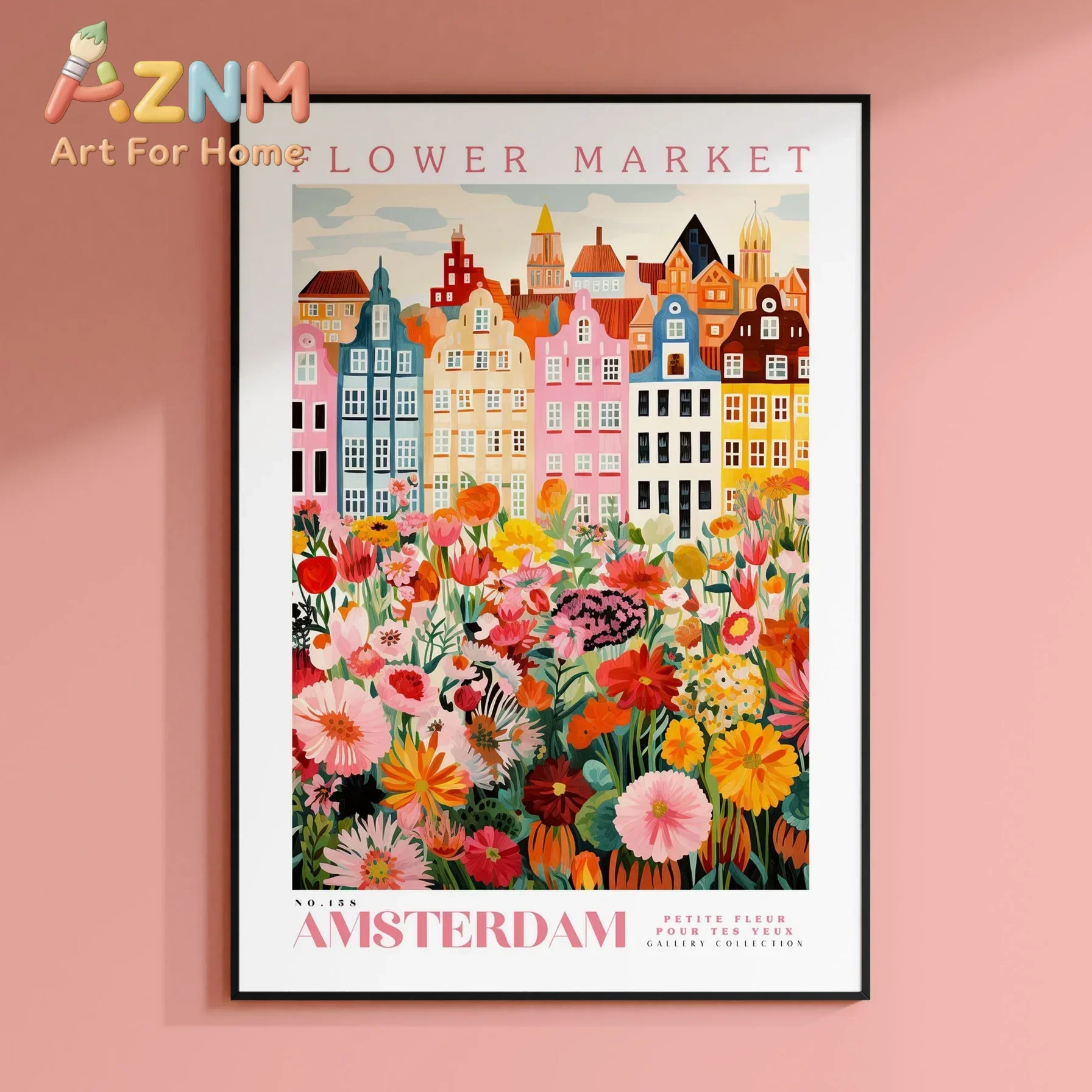 AZNM Amsterdam Flower Market Canvas Wall Art, Colorful Dutch Canal Houses Floral Print, Boho Botanical Travel Poster, Unframed C