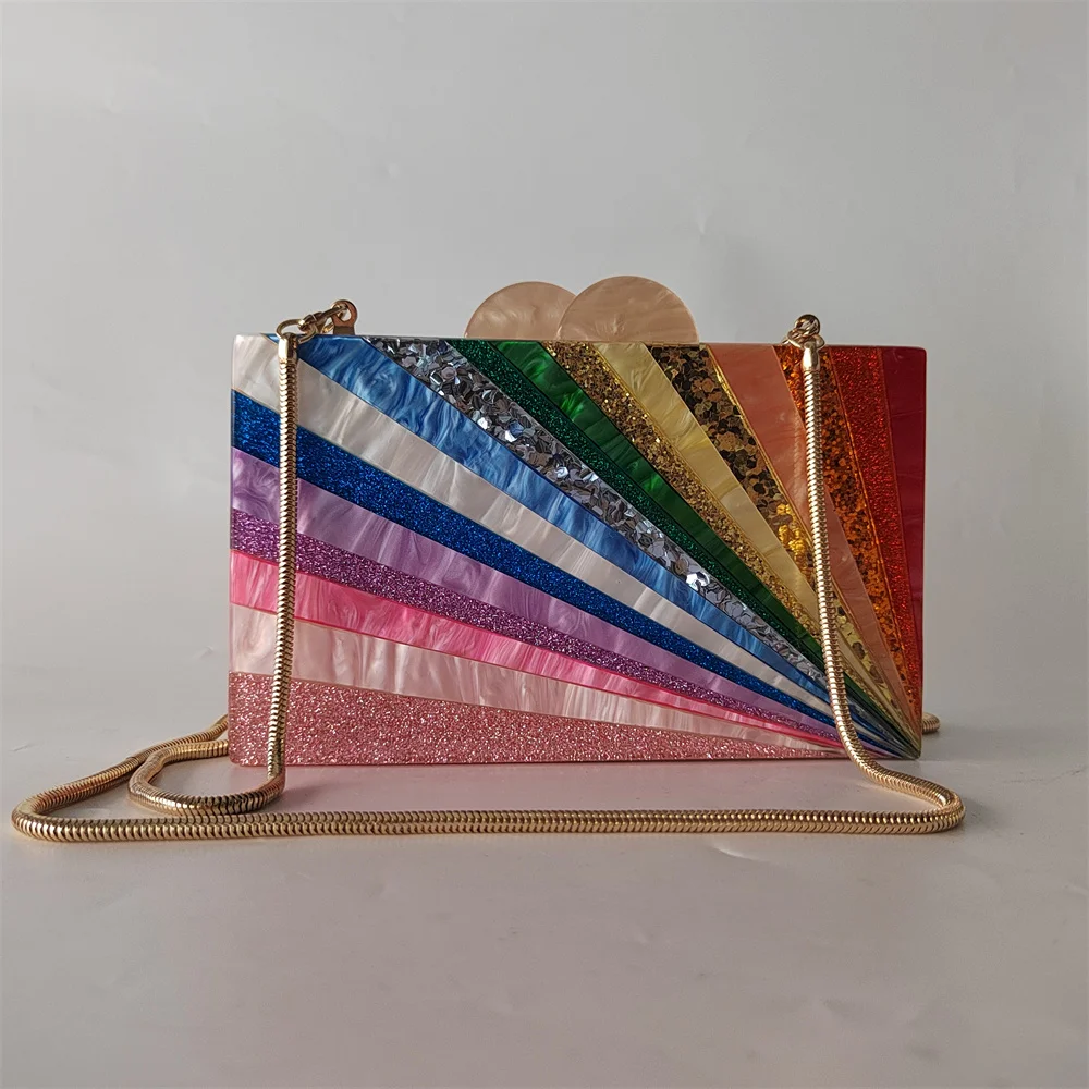 Brand Famous Luxury Woman Mini Female Shoulder Wallet Evening Party Handbag Colorful Striped Glitter Acrylic Box Clutches Purse