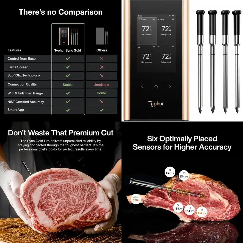 

Беспроводной термометр для мяса для барбекю с 4 зондами, 6 датчиками, усиленным сигналом, ± 0,5 ° F Precision, умная установка для грилей и духовок