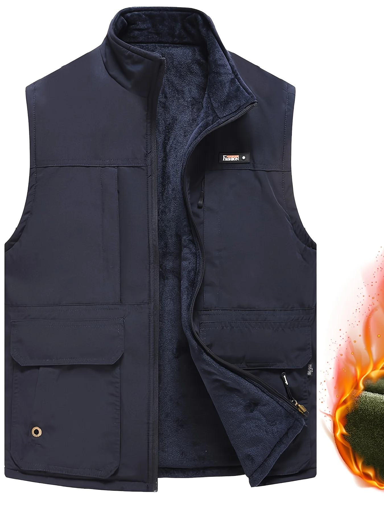 Extra large size men's vest, stand-up collar, fleece-lined and thickened, multi-pocket, warm, can be worn inside or outside, suitable for late autumn and winter