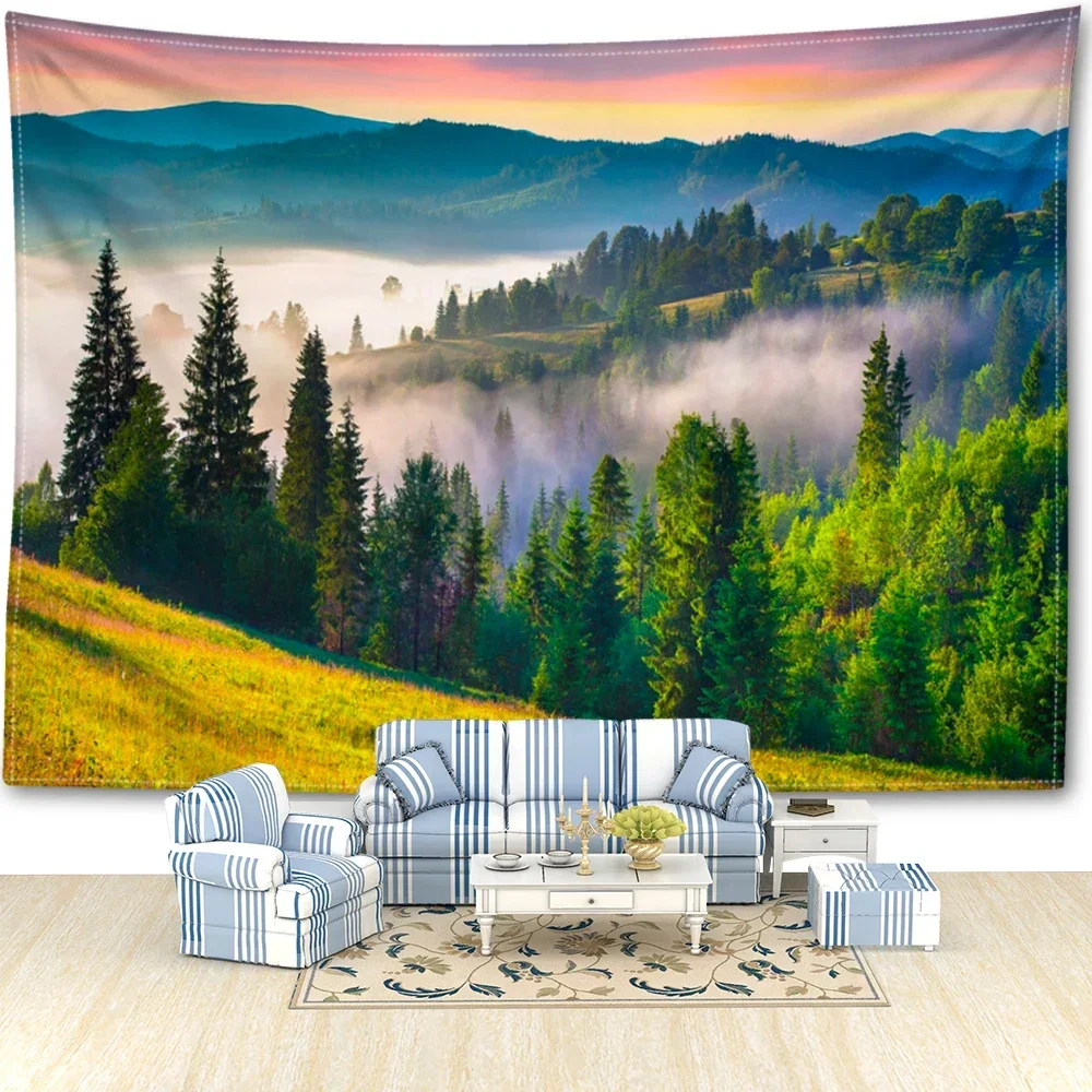 HD-Mountain Mist Forest Tapestry – Natural Scenery Wall Hanging Art for Bedroom, Study or Living Room Home Decoration