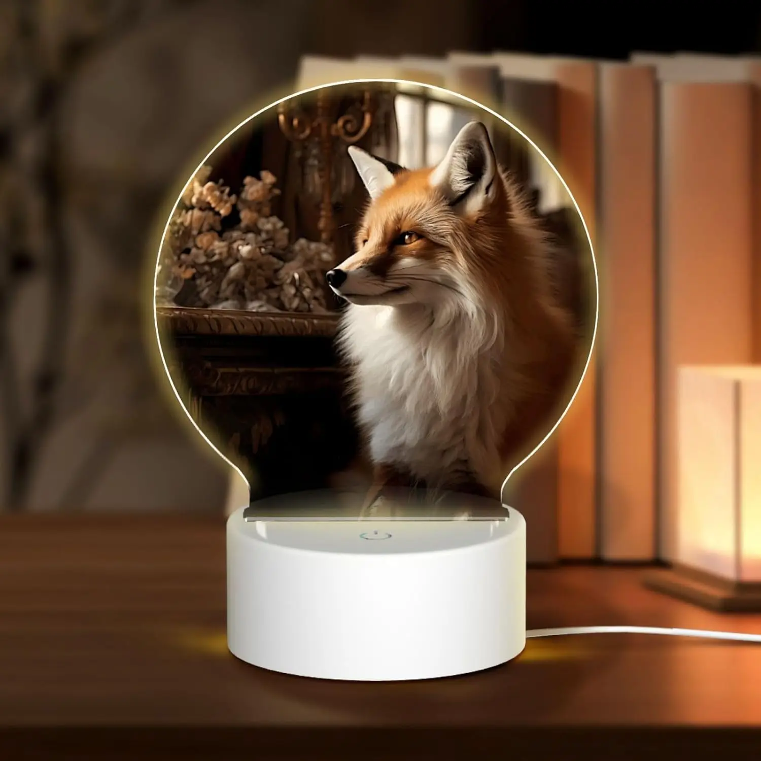 PHAYAH Fox Pattern Round Acrylic USB Night Light Room Light