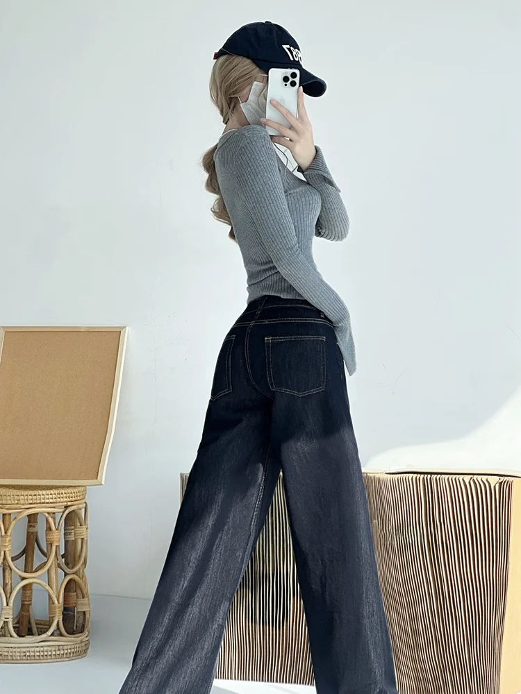 Calça jeans feminina solta, cintura baixa, perna larga, vintage, azul profundo, drapeada, motonável, sino bot