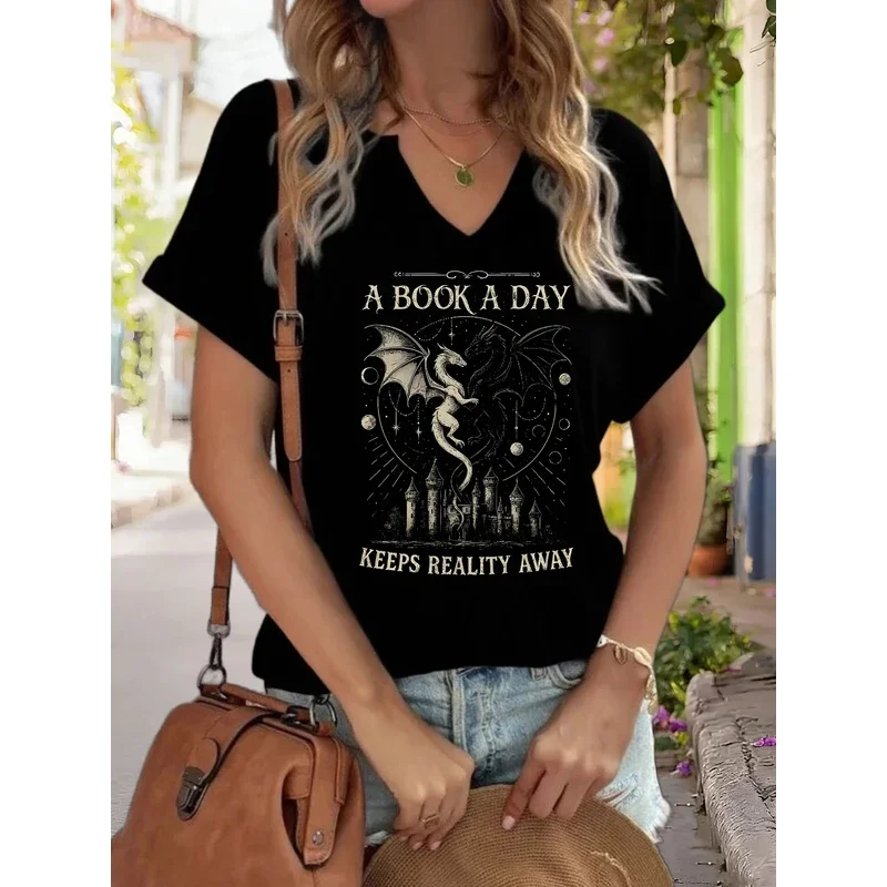 Women's V-Neck Graphic T-Shirt, Dragon and Castle Print, Casual Short Sleeve T-Shirt for Lovers