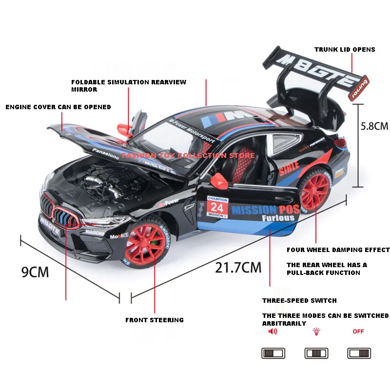 1: 24 bwm m8 liga modelo de carro alta simulação diecasts brinquedo com som e luz puxar para trás veículos decoração brinquedos para crianças presente