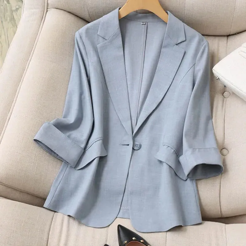 Spring Summer Women Seven Points Sleeve Small Suit Coat Korean Female Solid Color Blazer Jacket Ladies New Leisure Fashion Tops