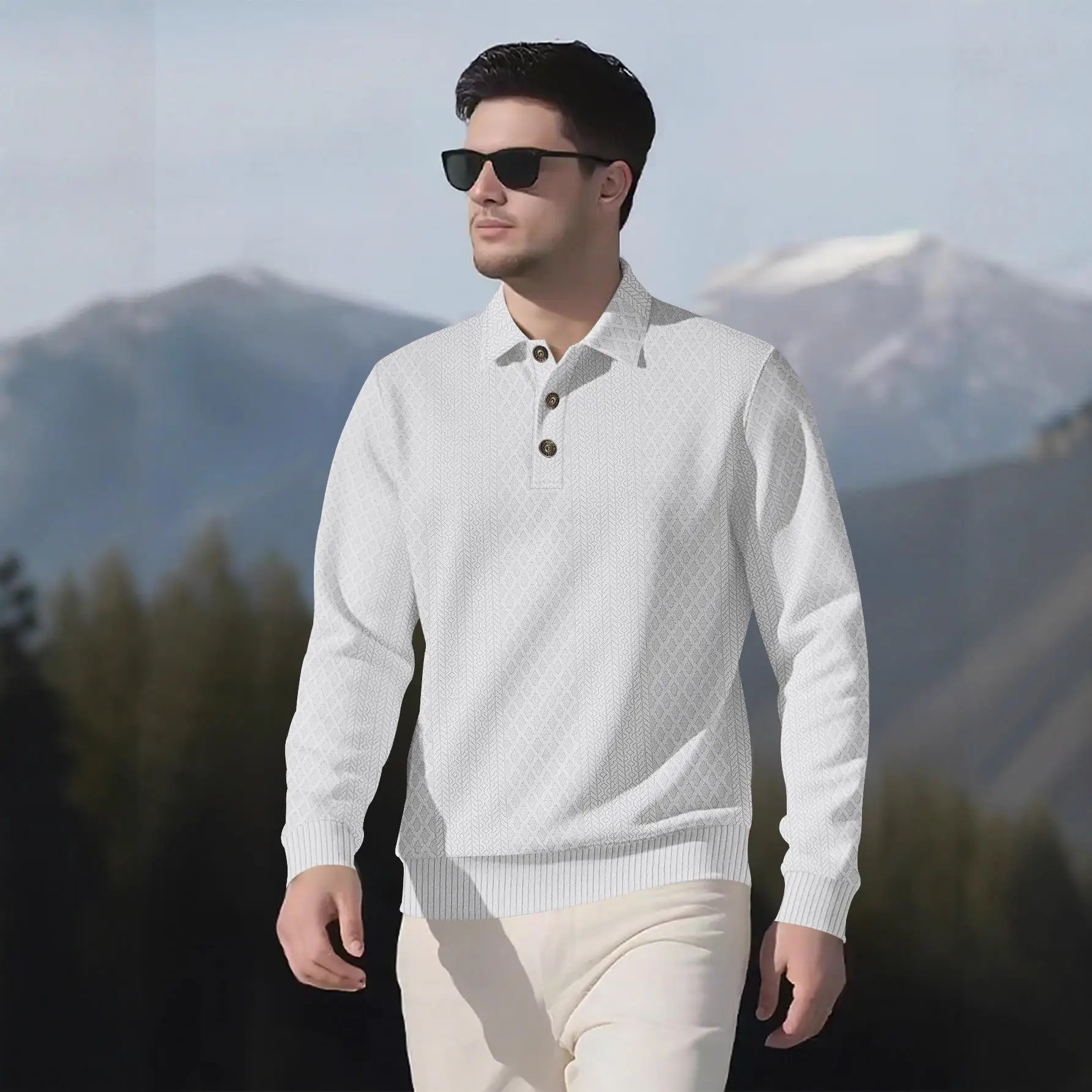 

Casual Sporty Long Sleeve Shirt Men's Button up Pure Color Knit Autumn Cross Border T-Shirt Cotton Blend Cool Sensation