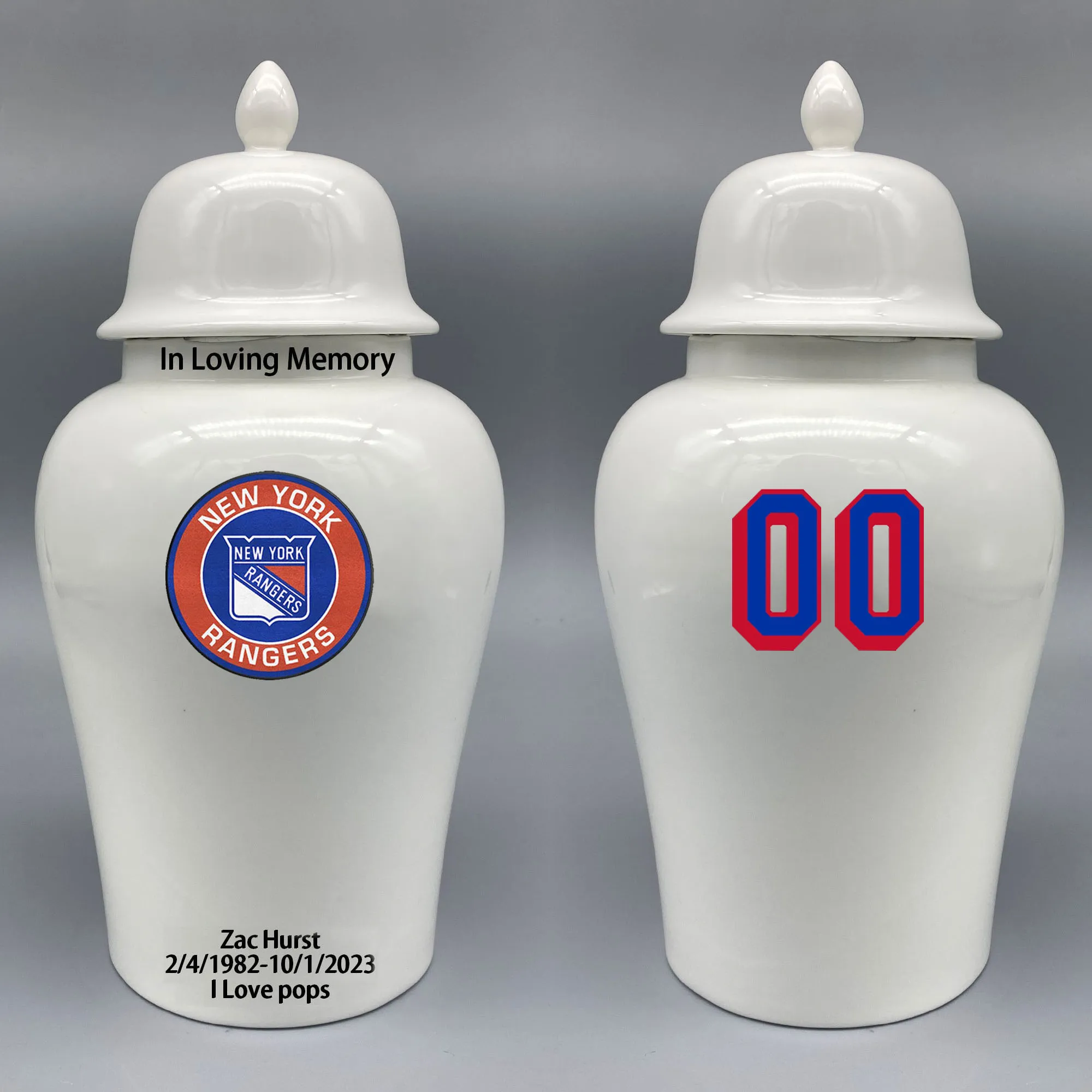 

Large Urn for New York Rangers-themed Hockey Urn.Please send me the customize information-name/date and number on the urn