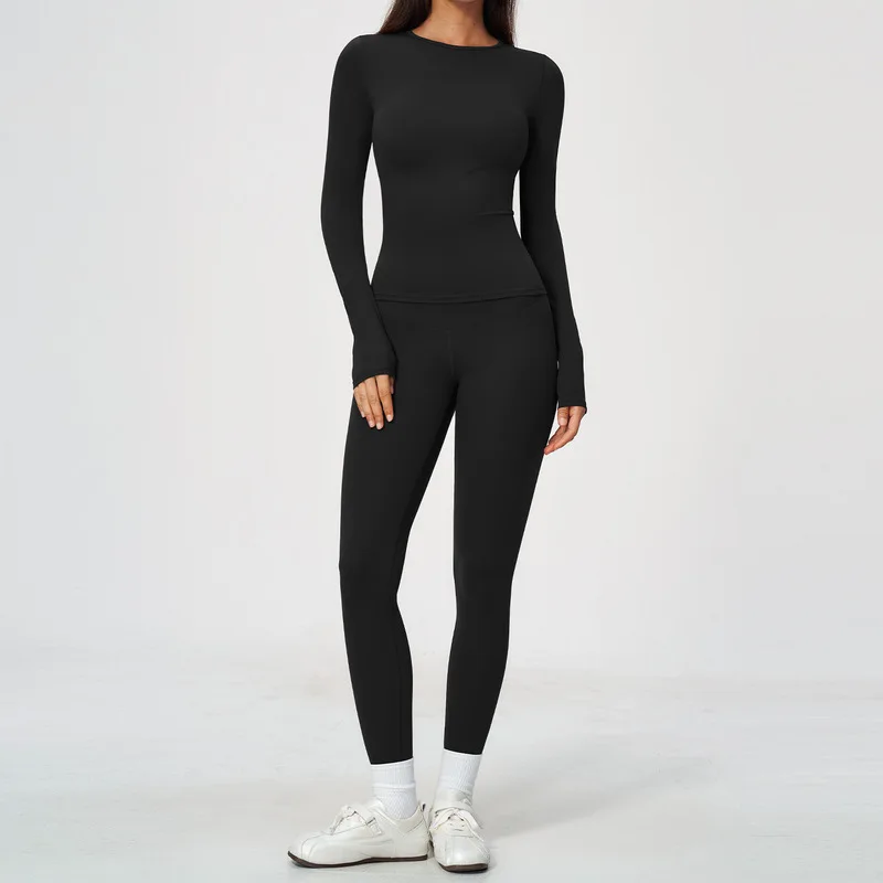 Women 2 Piece Brushed Yoga Set Long Sleeve Tight Top High Waist Tummy Hip Lifting Leggings Elastic Workout Pilates Sportswear