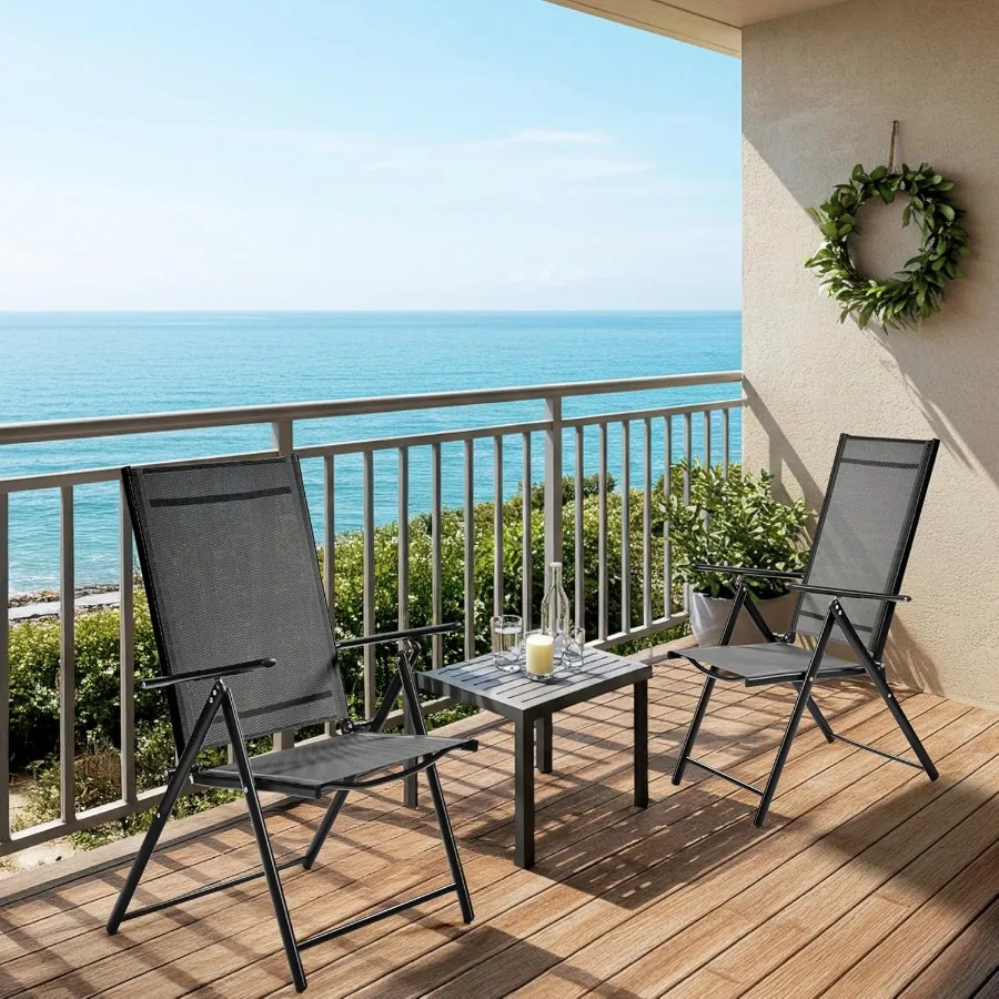 مجموعة كراسي تناول الطعام القابلة للطي في الفناء مكونة من كرسيين للحديقة الخارجية قابلين للتكديس مع 8 أوضاع خلفية قابلة للتعديل ومسند للذراع لحديقة الحديقة