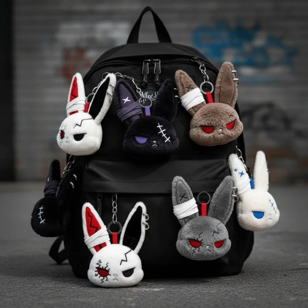 Cute Dark Bunny Embroidered Gothic Style Rabbit Bag Charm Skin Friendly Cute Design Bunny Keyring Backpack Pendant