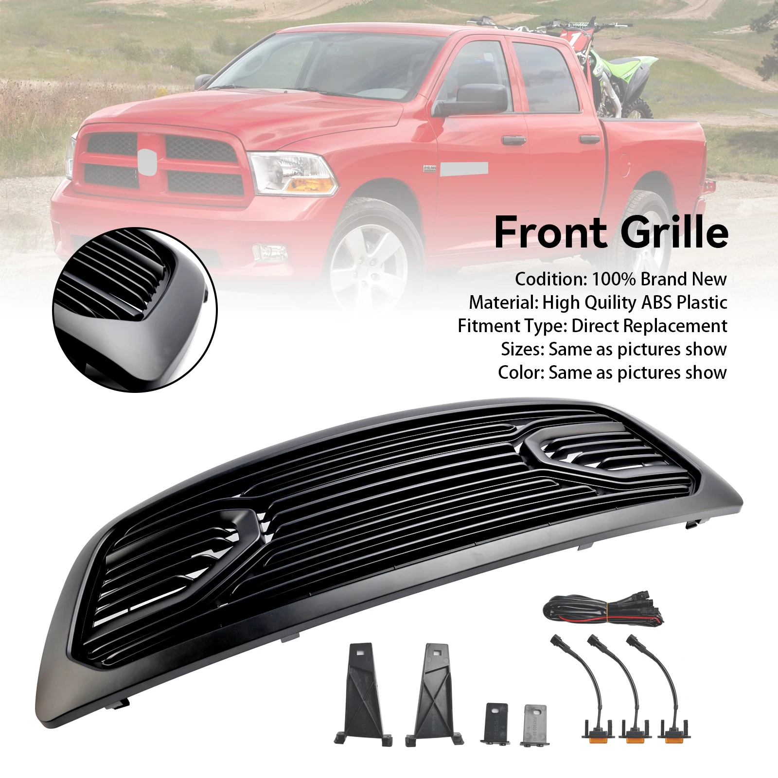 Artudatech Parrilla de parachoques delantero negro mate apta para Dodge Ram 1500 2009-2012 con luz LED