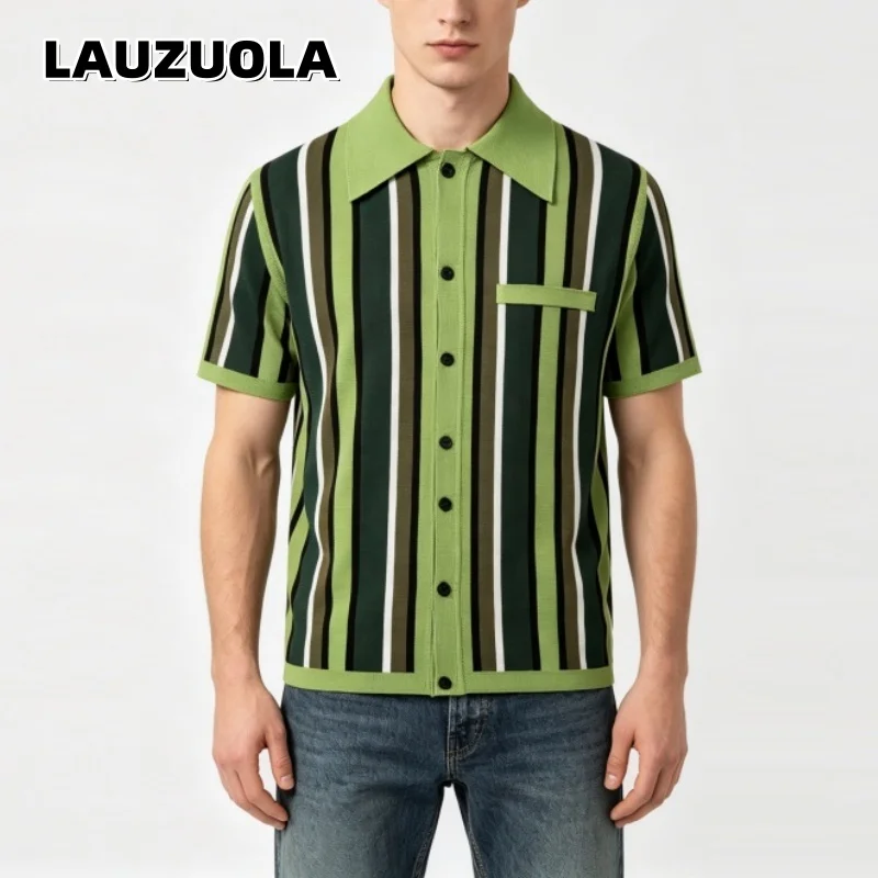 Men Vertical Striped Knit Shirt Lapel Collar Single Chest Pocket Short Sleeve Vintage Casual Knit Tops Summer Streetwear Shirts