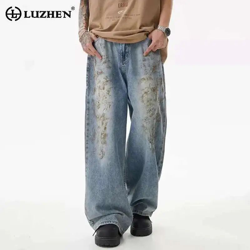 

LUZHEN 2025 Spring Tie-dyed Printed Straight Jeans Men's Fashion Street Vintage Washed Loose Wide Leg Casual Denim Pants LZ9446