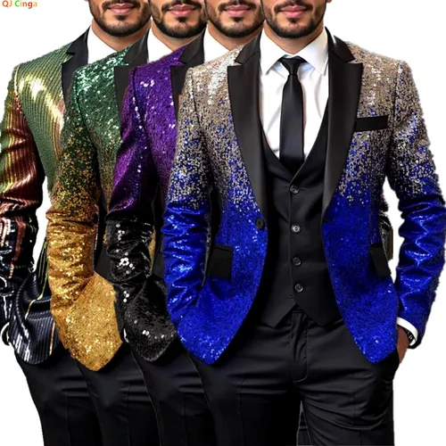 Chaqueta de esmoquin con lentejuelas brillantes para hombre: degradado en azul real y dorado, solapa negra, ropa formal para fiesta/boda/escenario Abrigo.