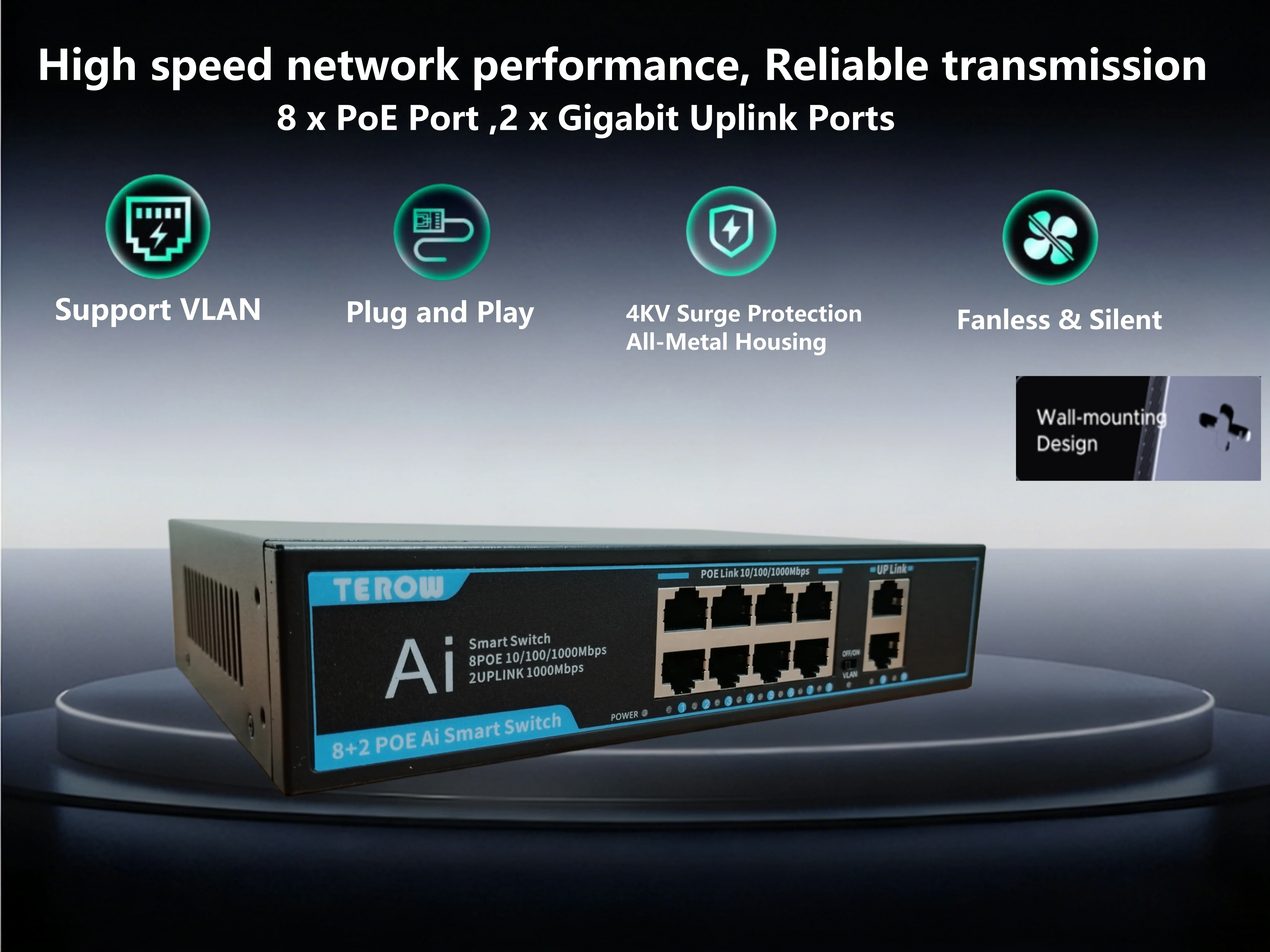 

10-Port Full Gigabit POE Switch 8POE+2Uplink 120W IEEE802.3at/af 30W/Port with VLAN Metal Case Network Switch for IP Camera AP