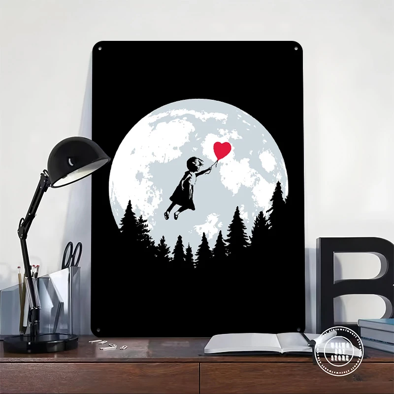 Girl Flying With Balloon Printed Poster Customized Wall Art Retro Vintage Metal Tin Signs for Room Decoration Gaming House Decor