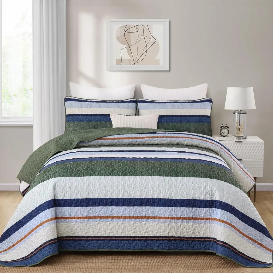 Boho Bedspread Queen Size Lightweight Soft Olive Green Blue Striped Bedding Set with 2 Pillow Shams 96x90 Ideal for Modern Livi