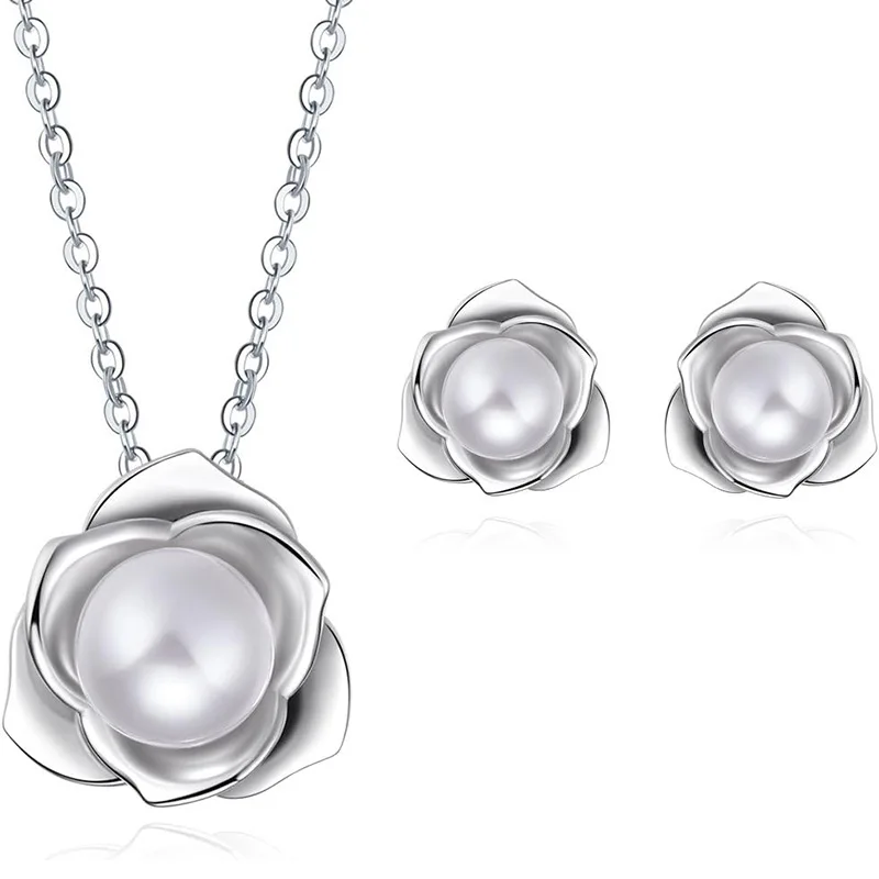 Huitan 2Pcs Floral Simulated Pearl Jewelry Set Rose Flower Stud Earrings Necklace for Women Bridal Engagement Accessories