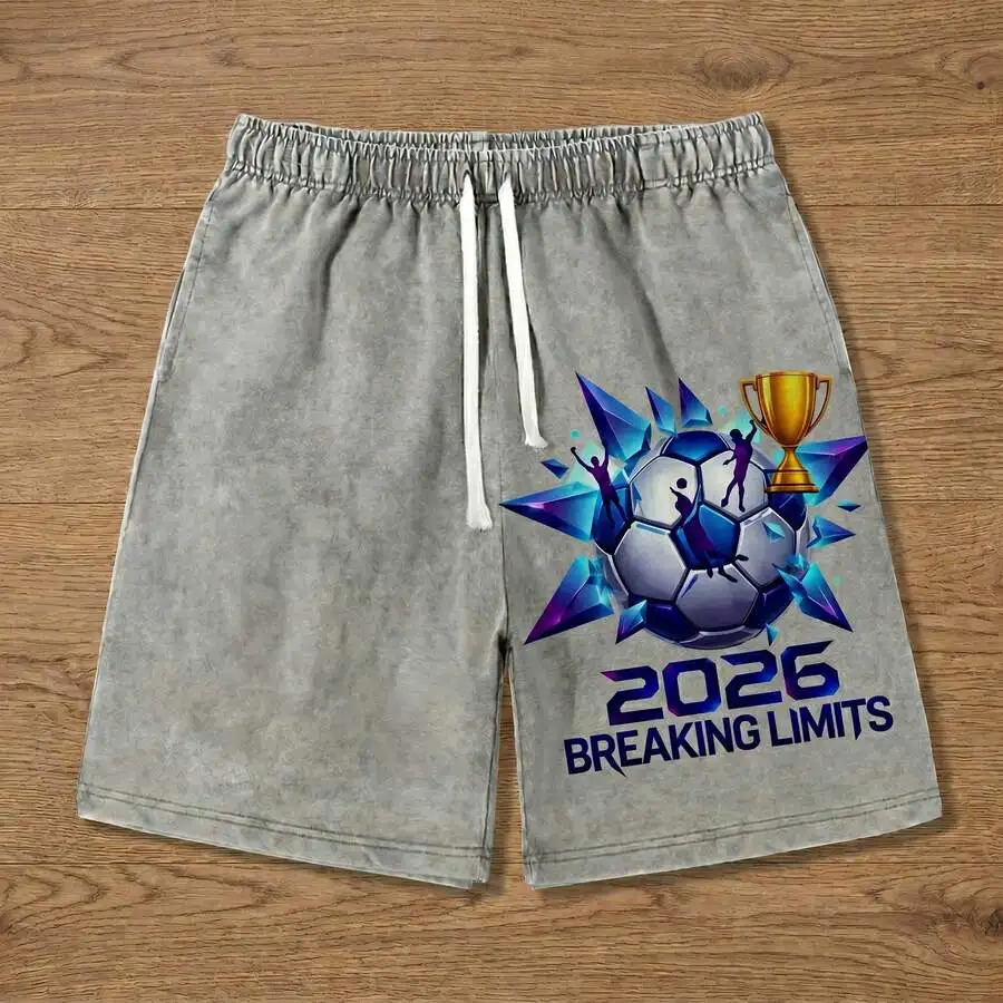 

Mens Washed Cotton Loose Casual Shorts With 2026 Soccer Print Elastic Drawstring Summer Streetwear
