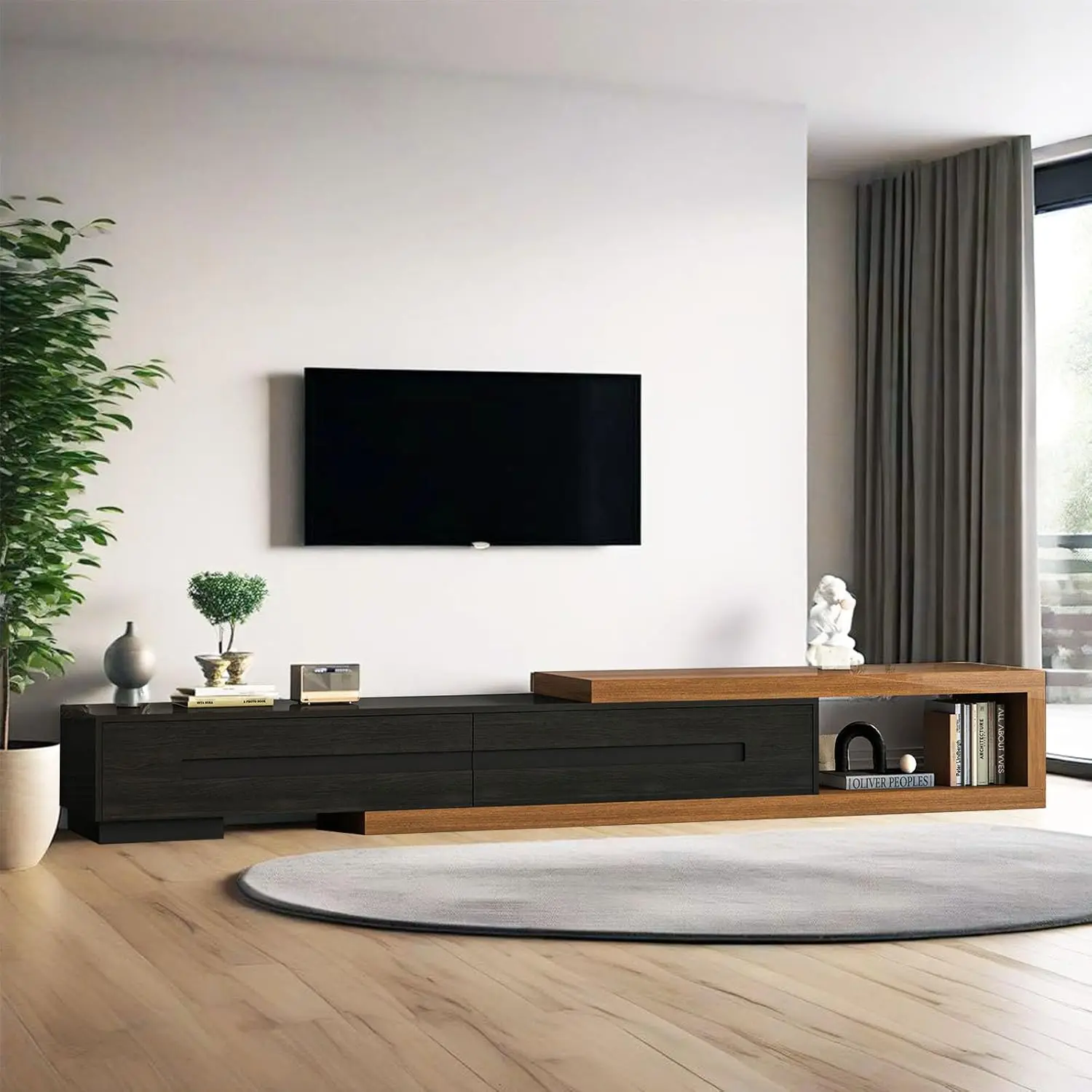 Soporte de TV Extensible con 2 Cajones, Consola de TV Moderna de Madera para TV de hasta 120 Pulgadas, Reversible, Personalizable
