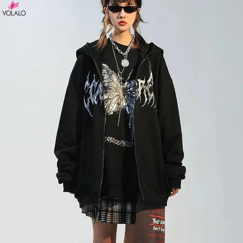 

Women Hip Hop Streetwear Hoodies Women Jacket butterfly Print Coat Goth Harajuku Y2k aesthetic Clothes grunge Punk Jacket Zip-up