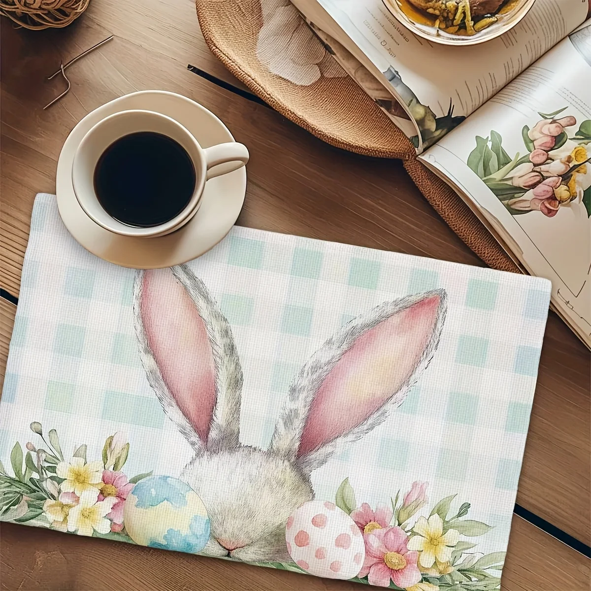 4Pcs, Easter Egg Bunny Floral Placemats, Washable Rectangular Table Mats, Holiday Party Home Kitchen Decoration
