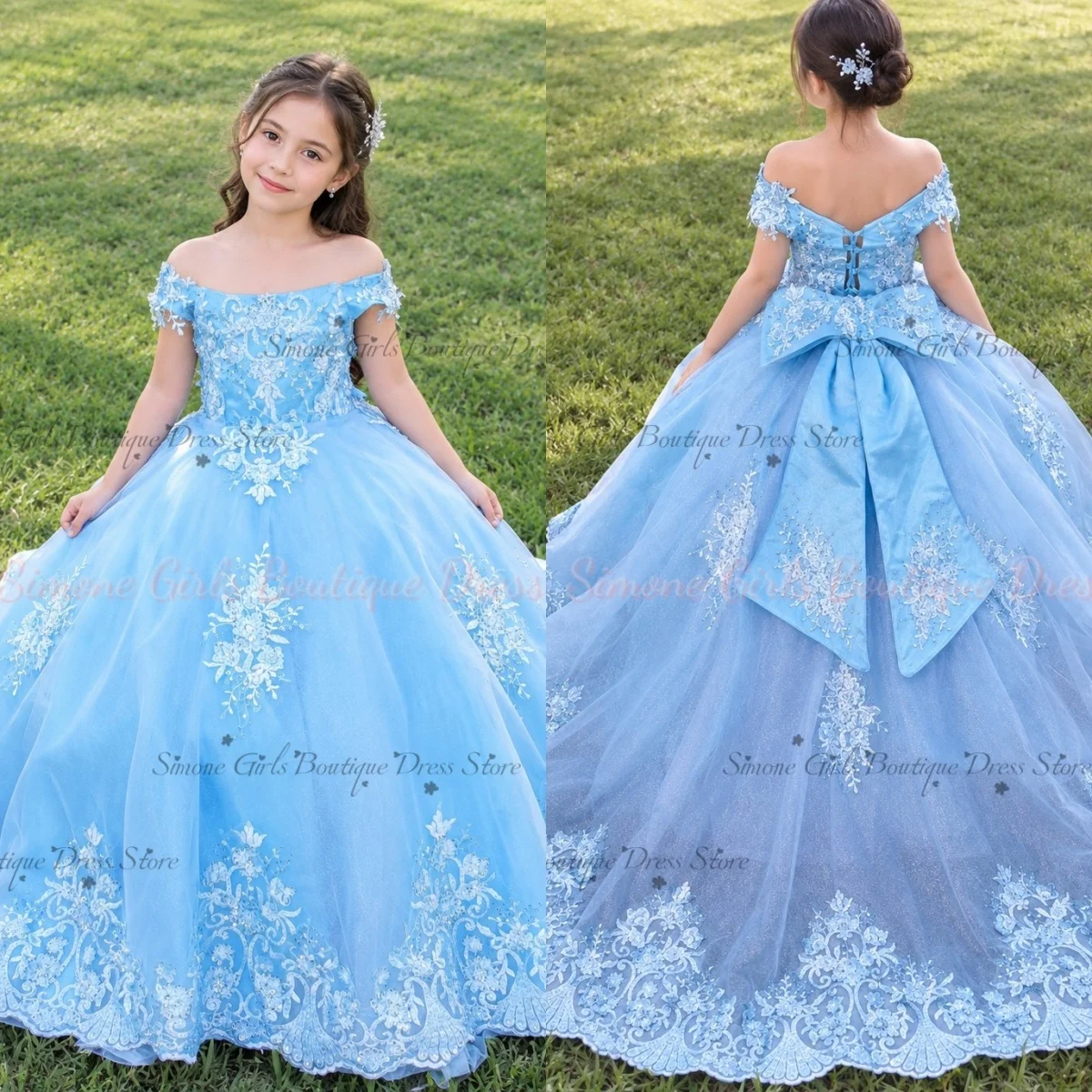 Sky Blue Lovely Floral Beading Embroidery Little Princess Flower Girl Dress for Formal Receptions Holiday Celebrations Custom