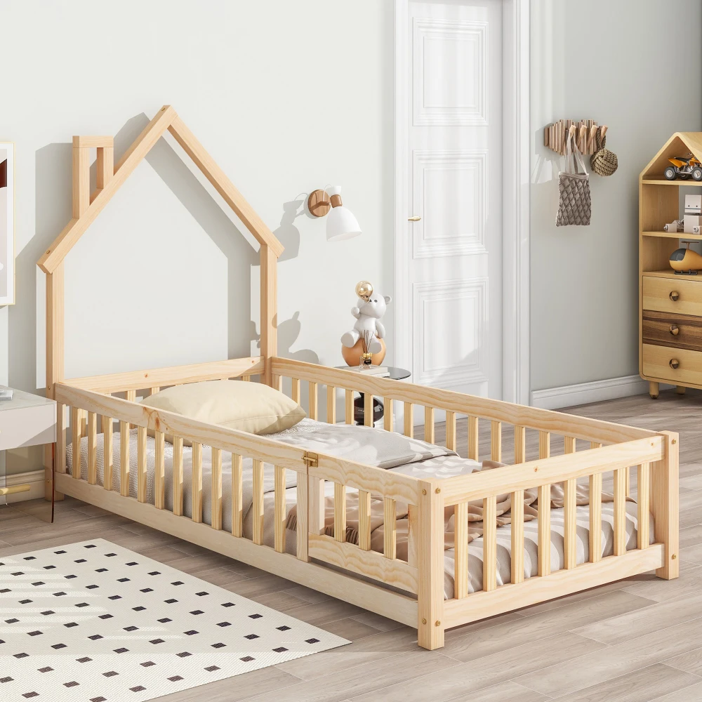 

Twin House-Shaped Headboard Floor Bed with Fence Natural Children Beds Full Size Floor Bed Frame with Roof Wooden Montessori