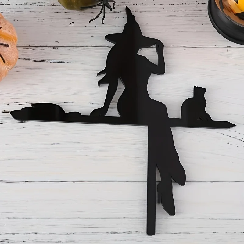 Gifts suitable for all four seasons，Halloween door corner sign decoration，Black cat riding a broom Halloween gift decoration 1pc
